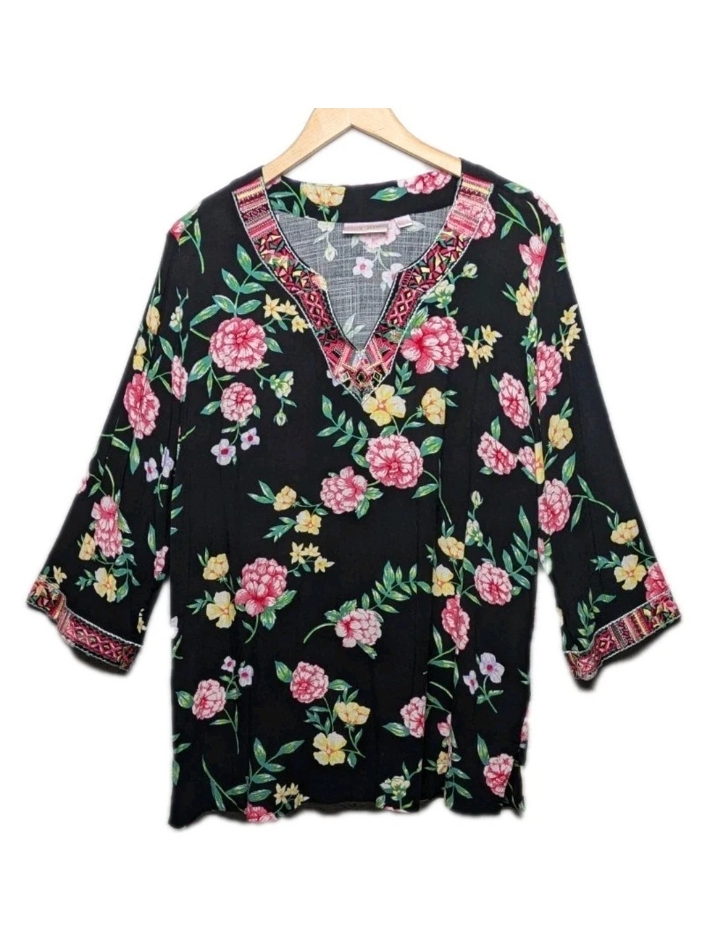 Belle By Kim Gravel Floral Tunic in Black & Pink Embroidery